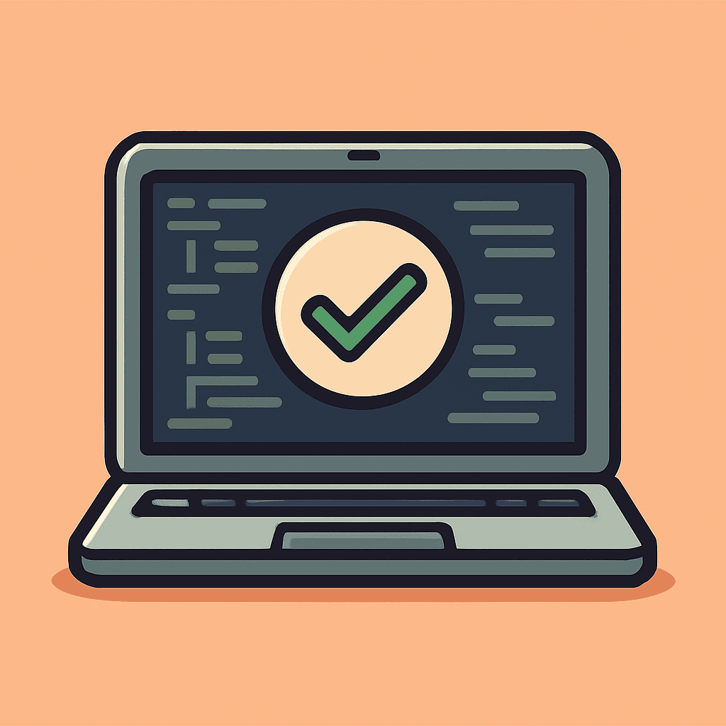 laptop with code editor showing abstract lines and centered green checkmark jpeg